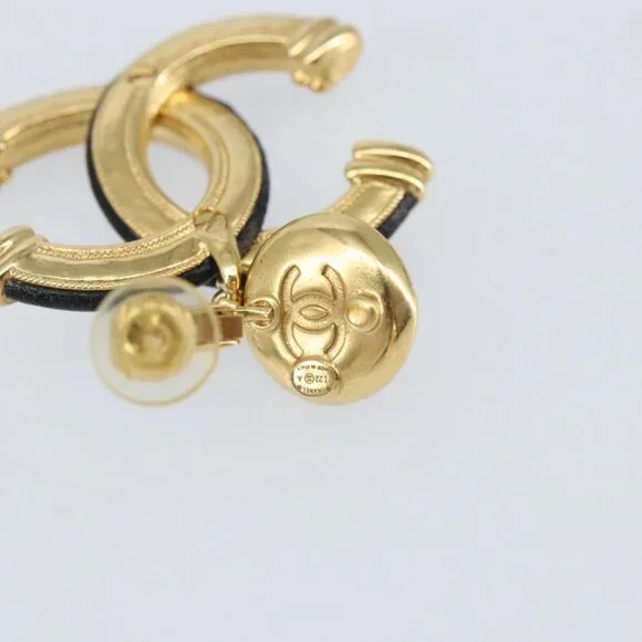 CHANEL COCO Mark Camelia Earring Metal Leather Gold CC Auth am9409 - Picture 14 of 16